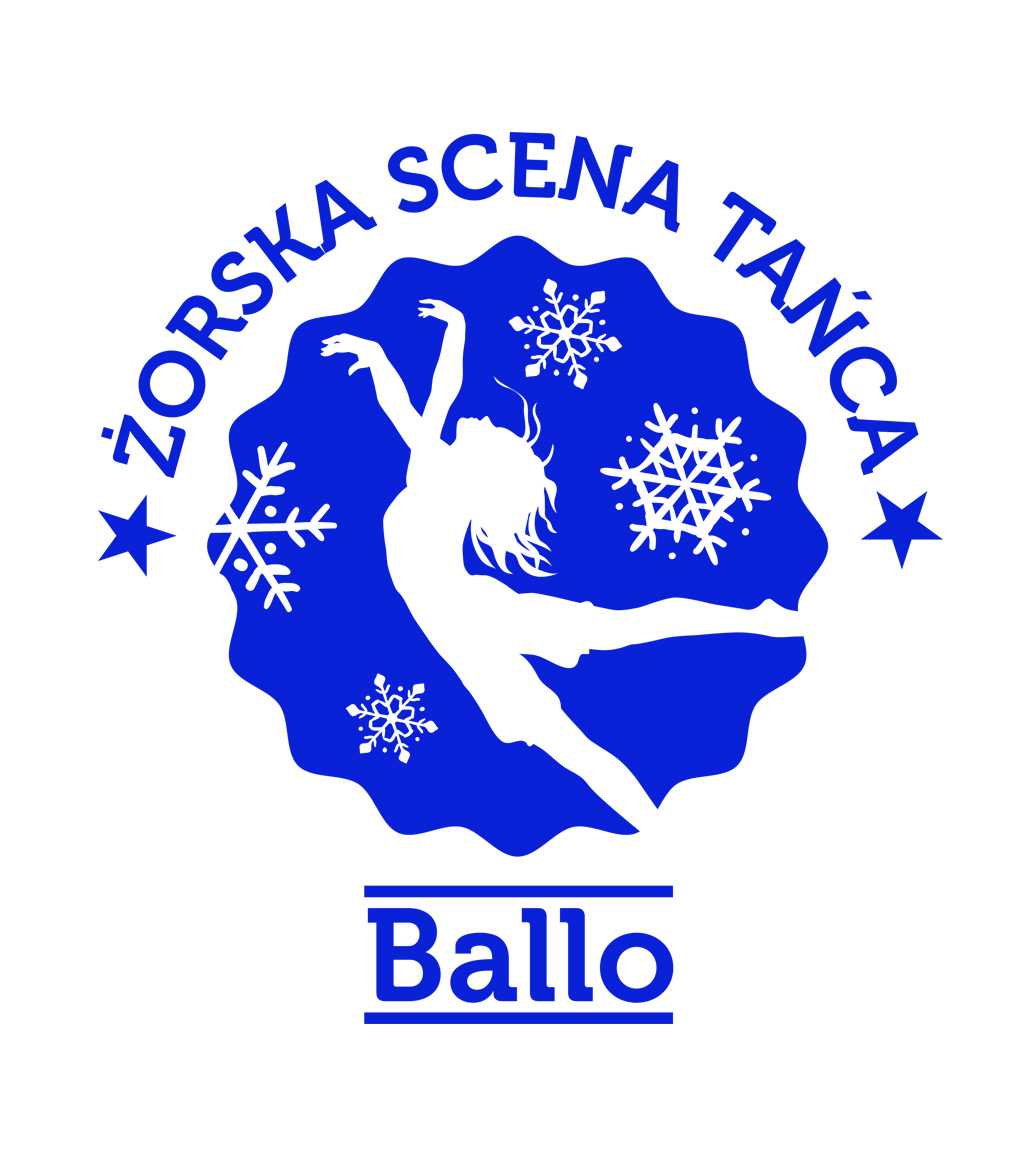 niebiesko logo przedstawia dziewczynkę w tańcu oraz napis: Żorska Scena Tańca BALLO